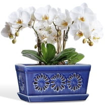 EFISPSS 10 Inch Blue Floral Ceramic Orchid Planter with Cutouts, Rectangular Window Box Slotted Pot with Saucer for Better Root Health, Decorative Indoor Herb and Flower Planter
