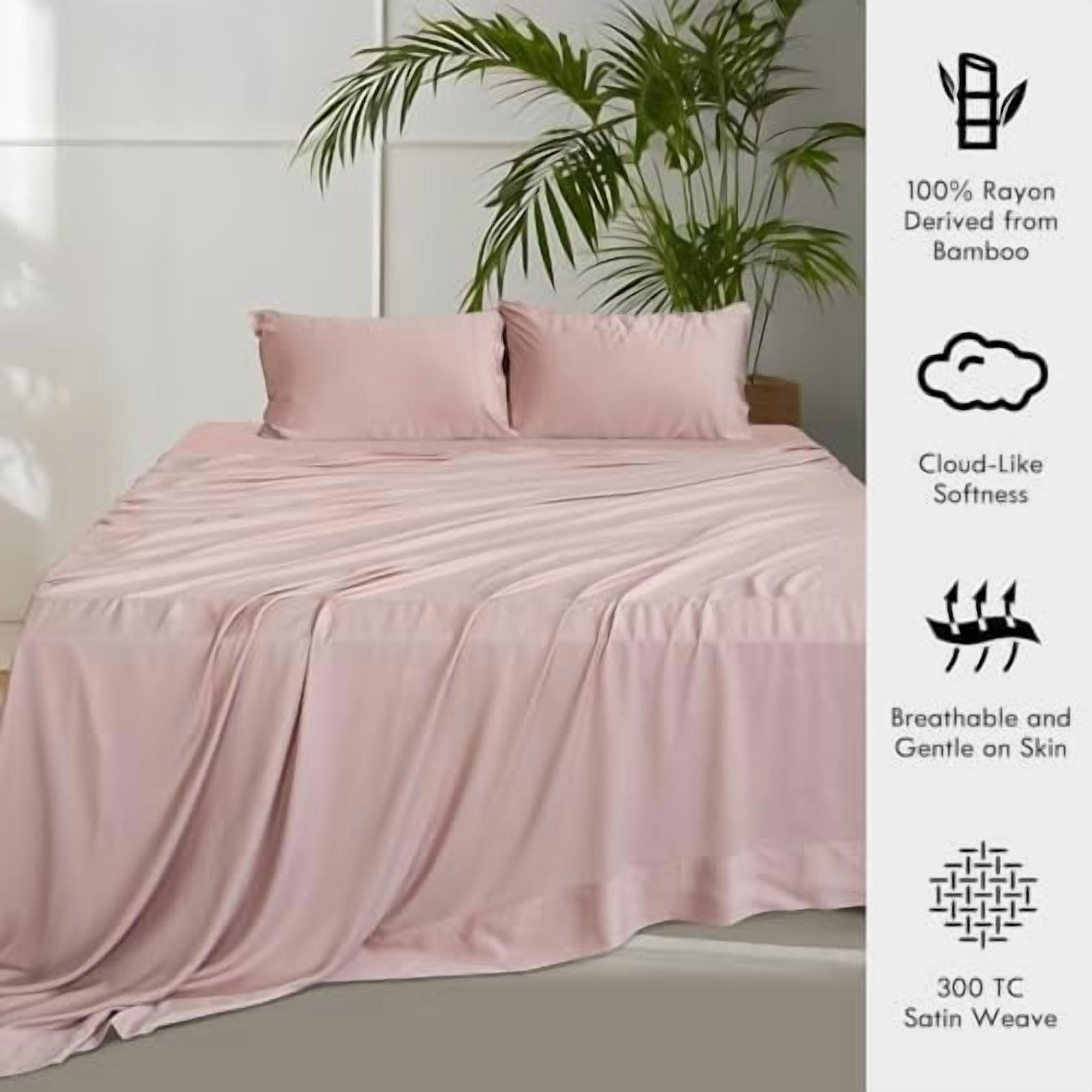 ClevaHome 4-Piece King Bamboo Bed Sheet Set, 100% Organic Cooling Fabric, 16" Deep Pocket, Pink