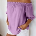 thumbnail image 2 of larppty Womens Off Shoulder Tops Linen Cotton Tunic Tops Long Sleeves Ruffle Balloon Sleeve Shirts Summer Casual Blouses（Purple， M）, 2 of 8