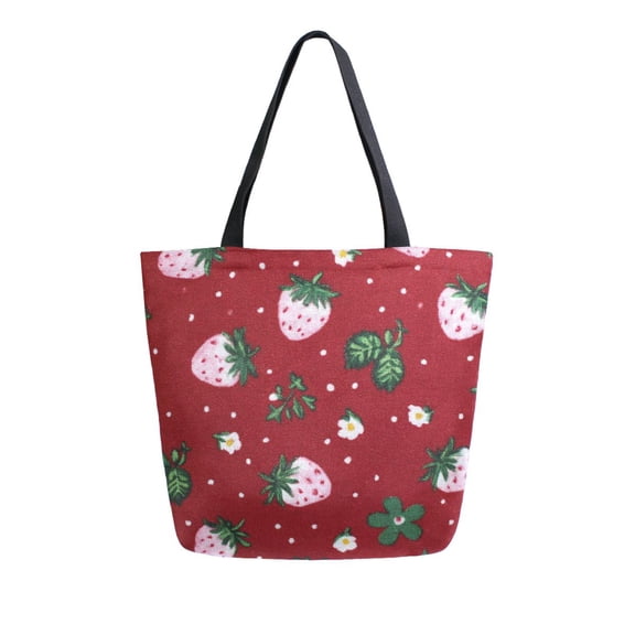Open Top Canvas Tote Bag with Zipper Reusable Shopping Bag 13.5x15" Roomy Carryall Cute Pink Strawberry Pattern