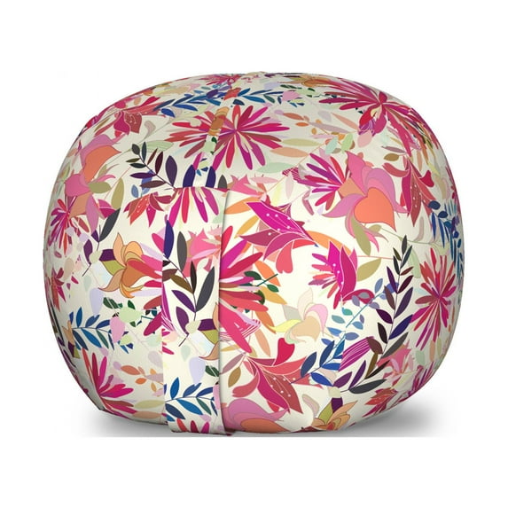 Floral Storage Toy Bag Chair, Continuous Pointed Petals Curvy Flowers Tropical Look Leaves Pattern, Stuffed Animal Organizer Washable Bag, Large Size, Salmon and Multicolor, by Ambesonne
