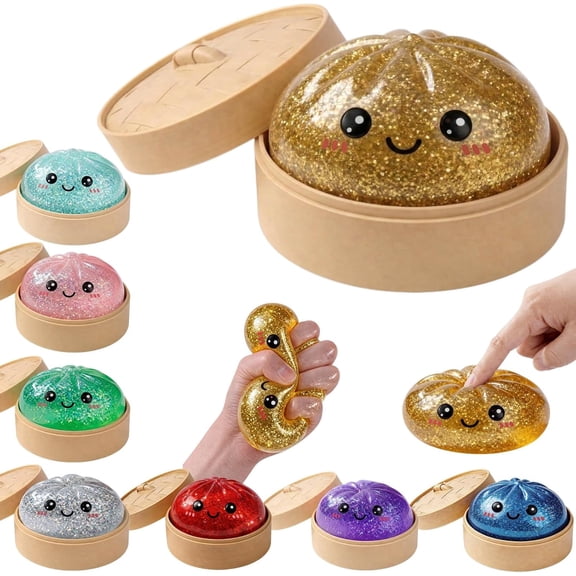 Glitter Dumpling Squishy Toys with Steamer Box, Glitter Dumpling Squishies Mystery Box Squeeze Toys, Squishy Dumpling Fidget Toys for Adults, Stress Relief Sensory Toys(Gold)