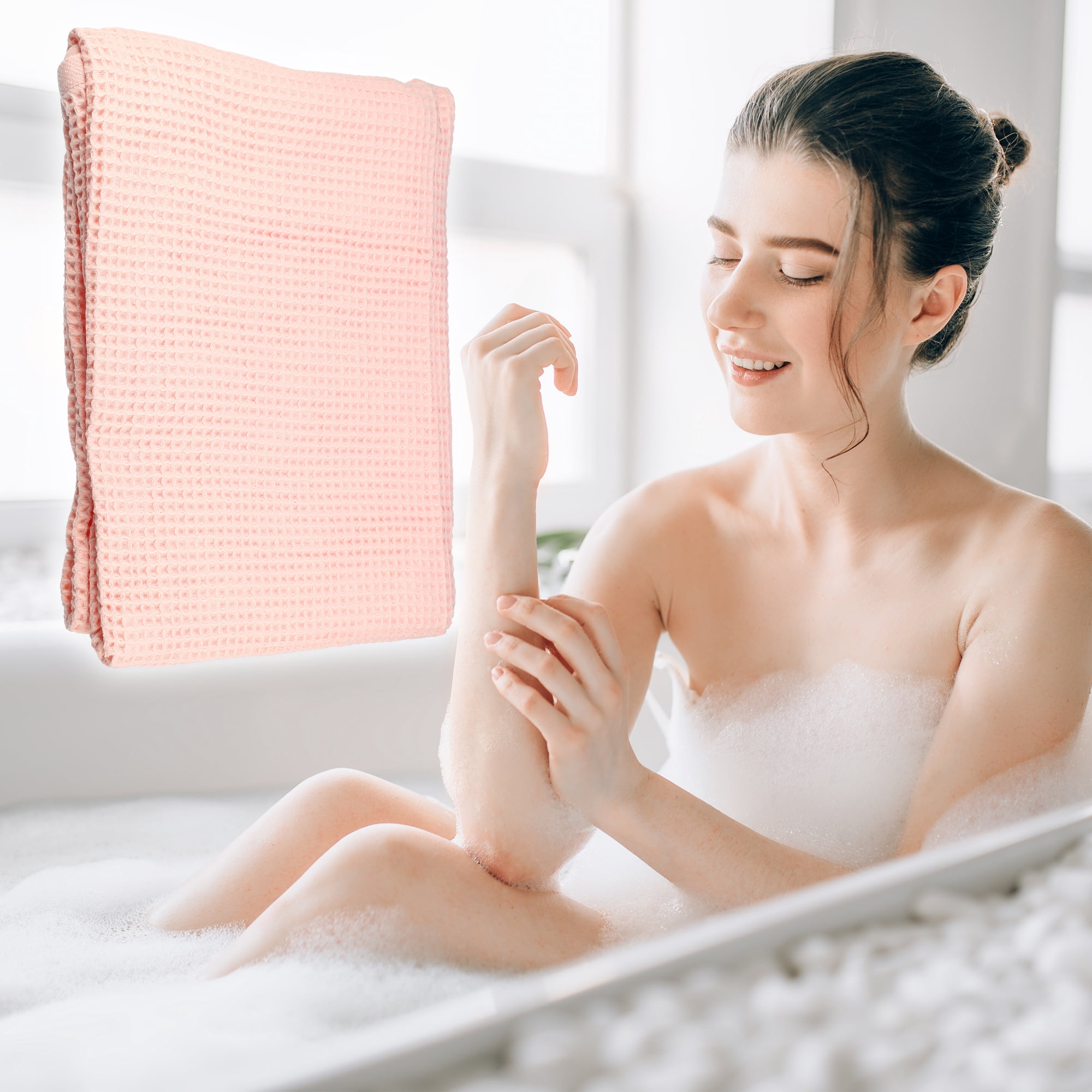 Unique Bargains 1Pc Waffle Weave Pattern Soft Absorbent Cotton Bath Towel Pink 55.12''x27.56'' for Bathroom Shower