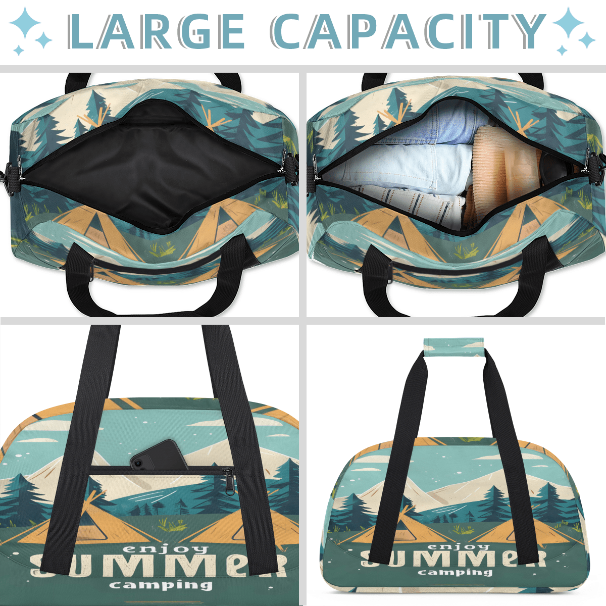 Herdesigns Camping Theme Sports Duffle Bag for Women & Men, Gym Bag Dance Bag Overnight Bag Carry On Weekender Travel Bag