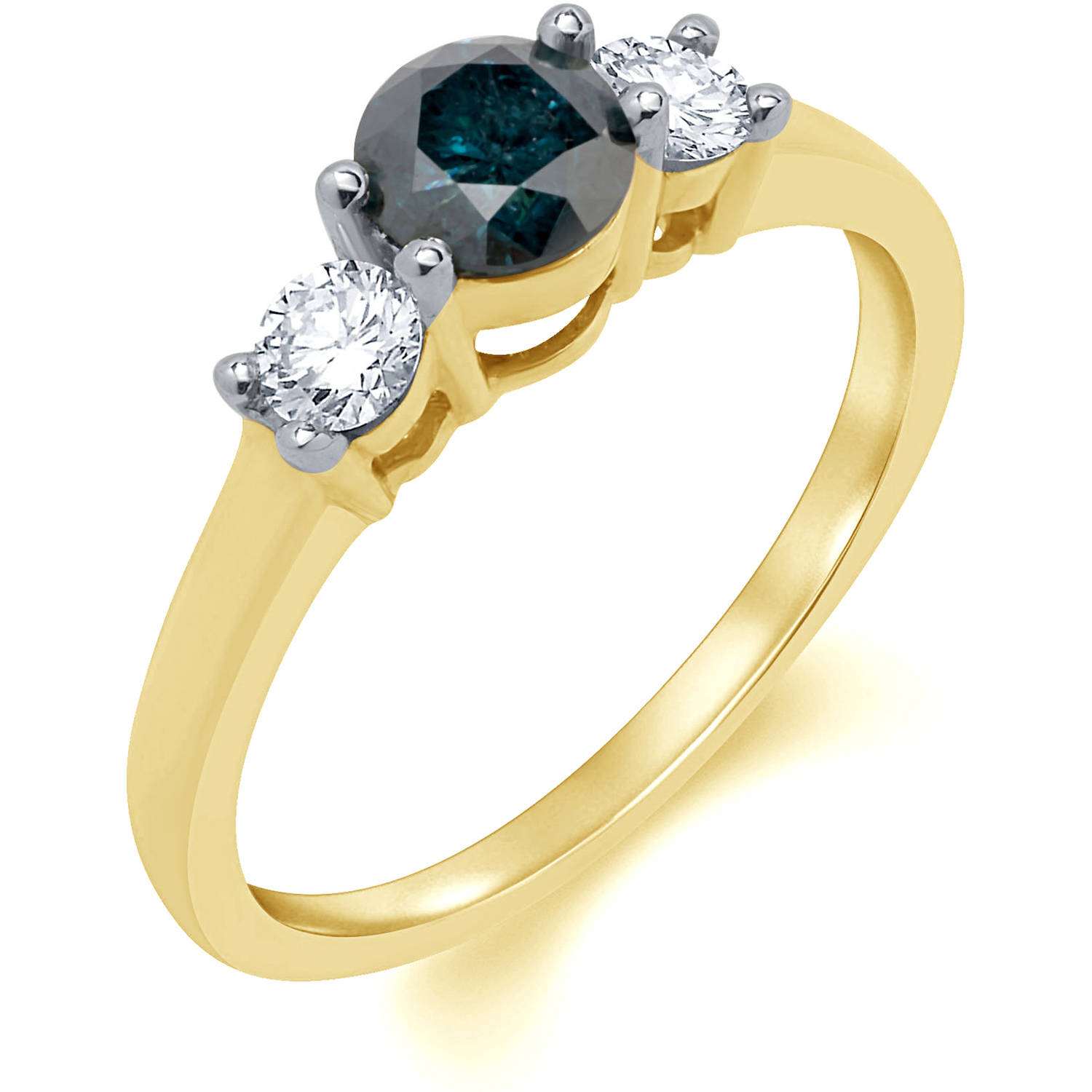 Arista 1 Carat 3-Stone Blue and White Diamond Ring in 14K Yellow Gold (I-J, I2-I3)