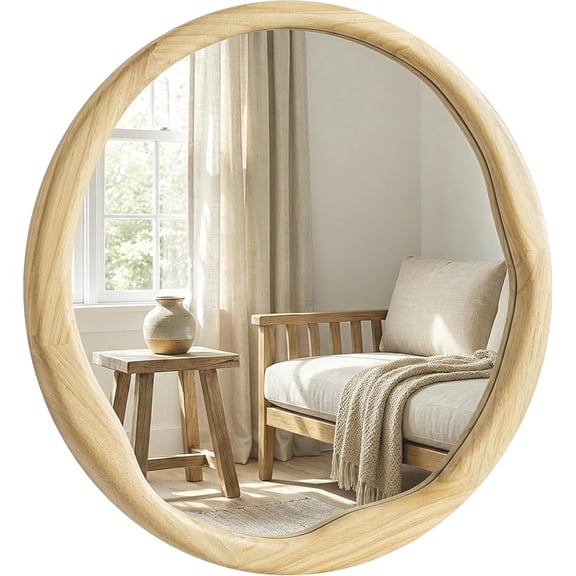 Round Wood Mirror 24 Inch, Irregular Wavy Inner Frame Wall Mirror for Bathroom Vanity, Bedroom, Natural Solid Wood Asymmetrical Decor