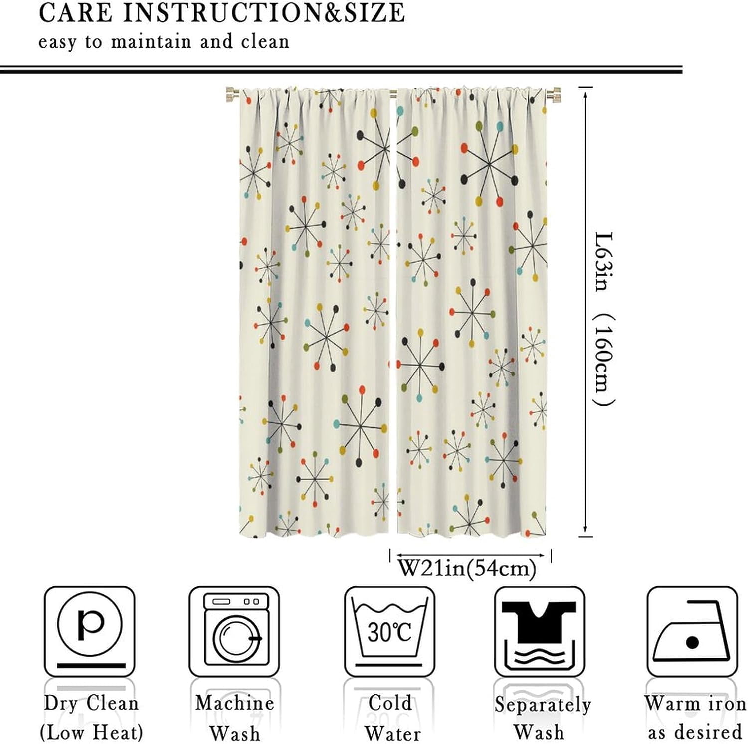 Mid Century Blackout Curtains, 60s Geometric Vintage Mid Century Abstract Modern Pattern Window Treatments for Bedroom Living Room Kitchen Rod Pocket Curtains42X63 Inch