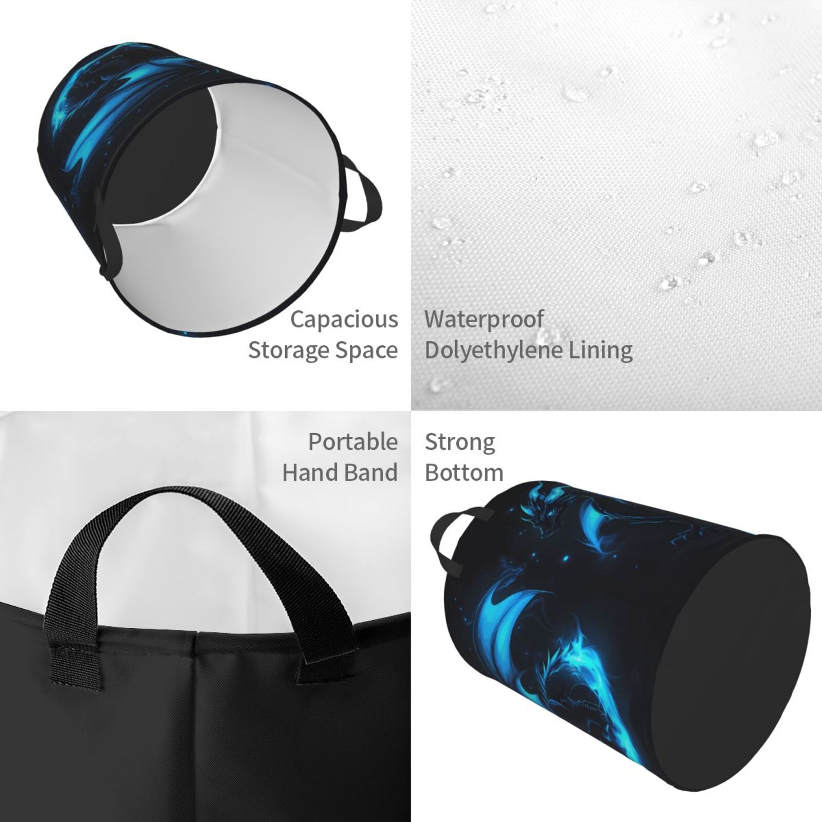 Large Laundry Basket with Handles - Blue Flame Dragon Aura Kids Baby Dirty Clothes Laundry Hamper for Bedroom Aesthetic