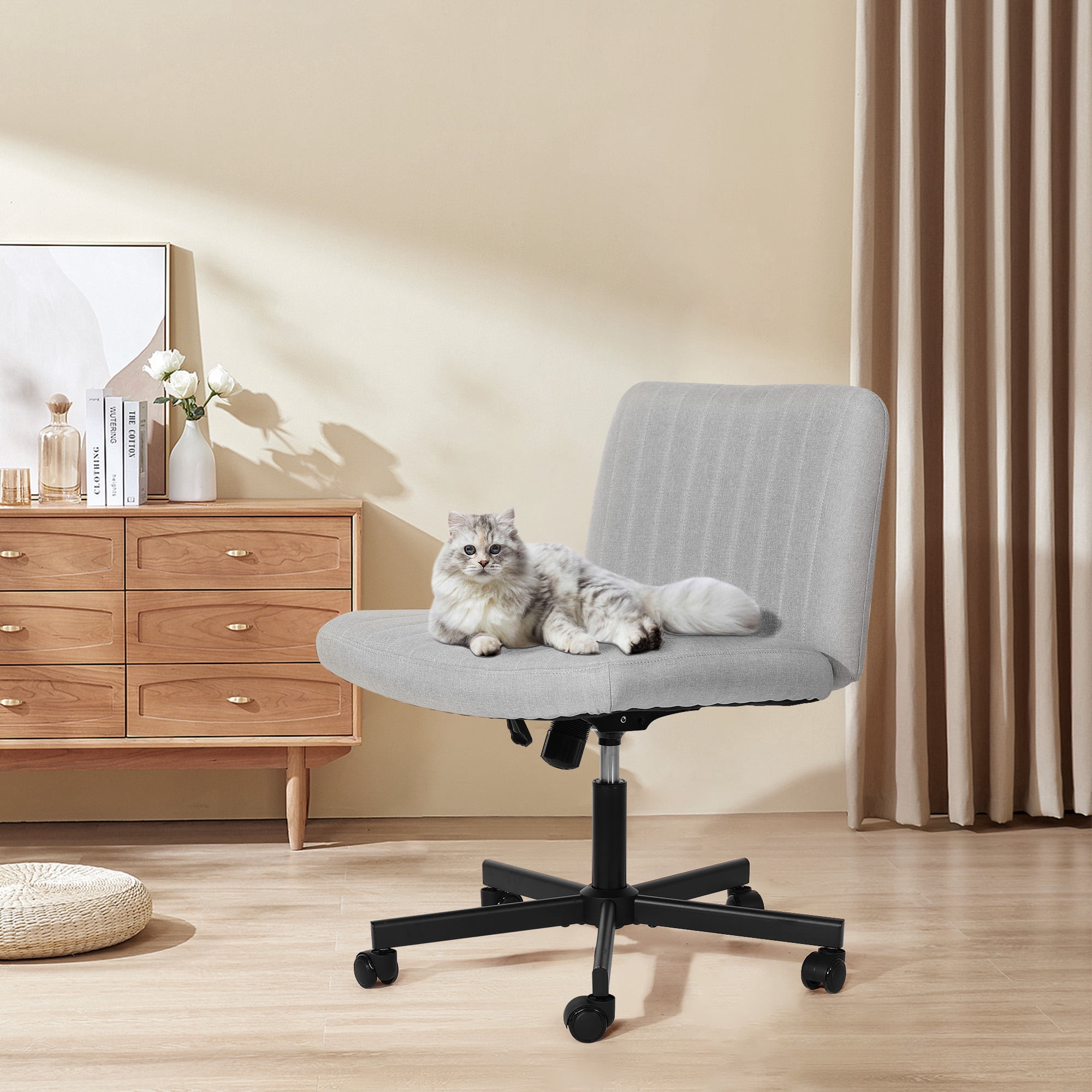 TUAREX Criss Cross Rolling Chair, Wide Seat Armless Office Chair with Wheels, Plus Size Comfort for Desk, Vanity or Bedroom, Grey