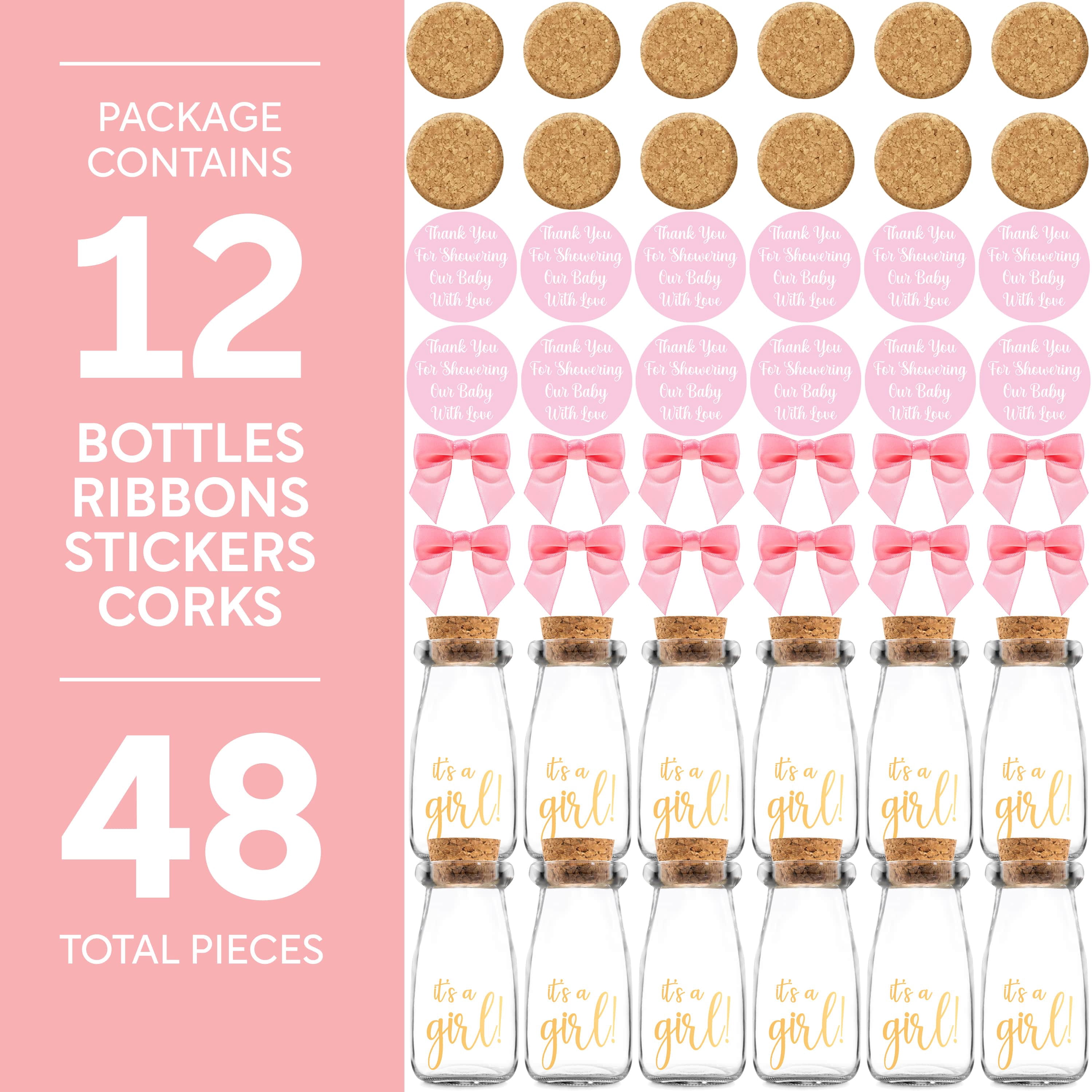 Ethisa 12 Pack It's a Girl Milk Glass Bottles with Ribbons and Stickers - Vintage, Sturdy, Baby Shower Favors for Guests and Table Centerpieces - Girl Baby Shower Decorations - Baby Shower Candy Jar