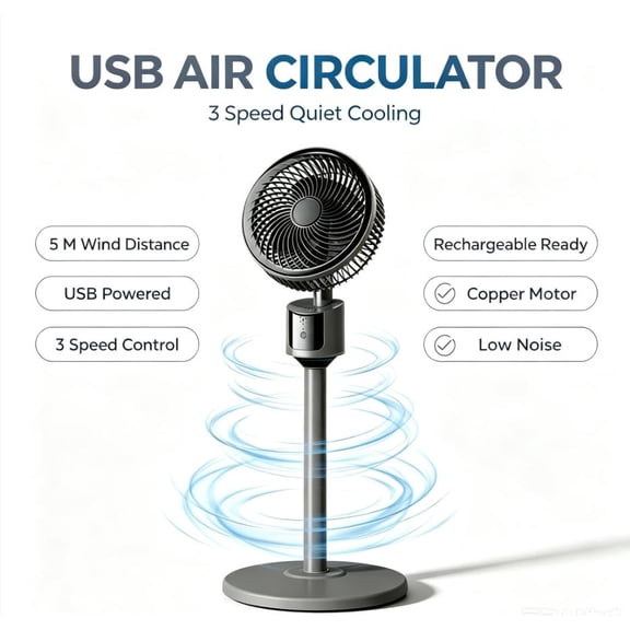 WEGFTDUOP USB Air Circulator Fan, Adjustable Height Oscillating Desk Floor Fan, Low Noise 3 Speed Pure Copper Motor Ventilation Fan for Indoor, Office, Camping, RV
