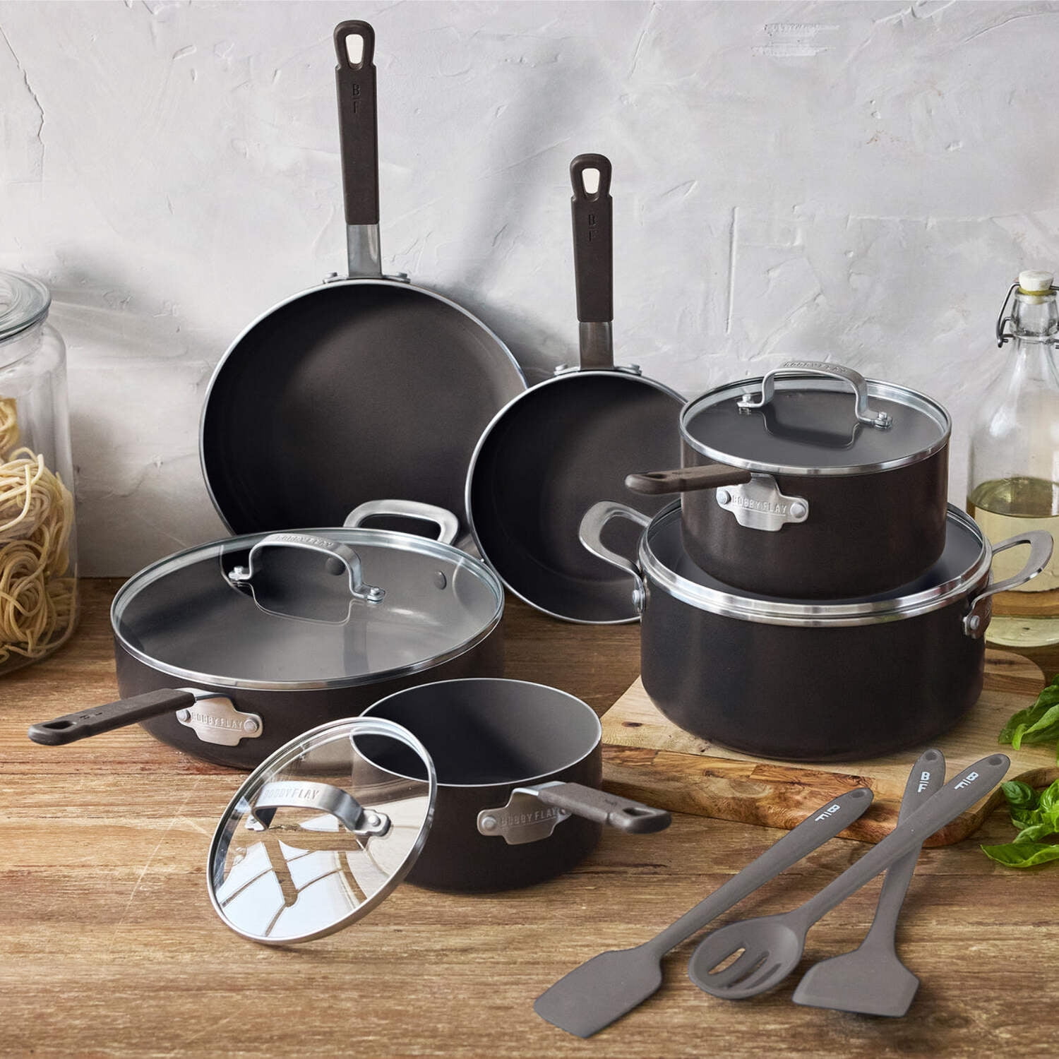 GreenPan x Bobby Flay 13 Piece Cookware Pots and Pans Set, Professional Grade Aluminum, Ceramic Nonstick, Induction Suitable, Stay-Cool Silicone Handle, Dishwasher & Oven Safe, Black