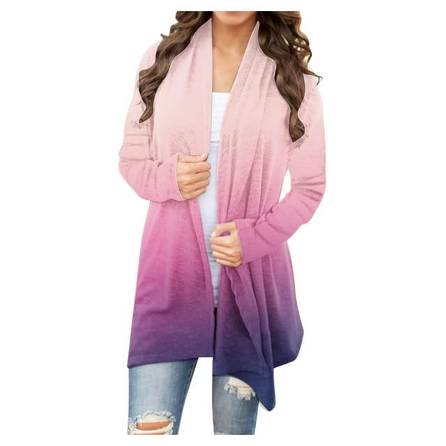 Yuyuzo Long Cardigan for Women Gradient Color Open Front Draped Tops Fall Winter Casual Cardigan