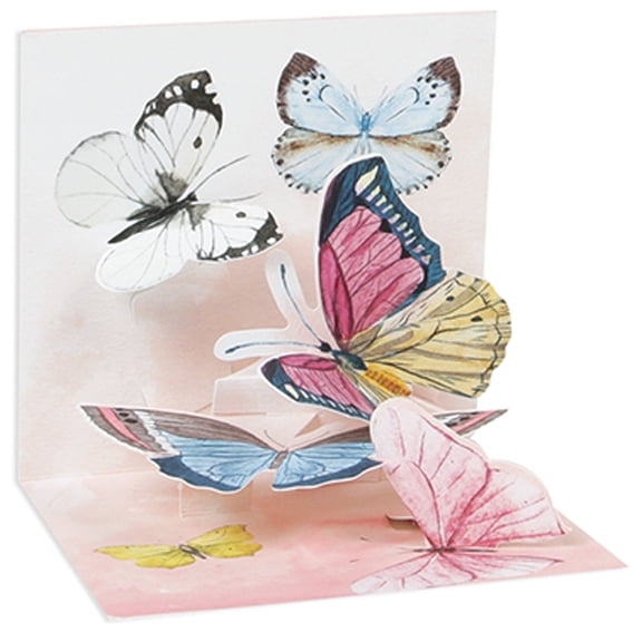 Up With Paper Watercolor Pink, Blue, Yellow and Brown Butterflies 3-Inch 3D Mini Pop-Up Blank / All Occasion Greeting Card