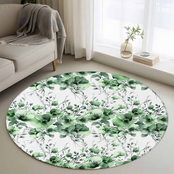 Round Area Rug 4 Ft, Green Floral Washable Non-Slip Circle Carpet for Living Room/Bedroom, Vintage Farmhouse Garden Flower Leaves Low-Profile Crawling Mats Collection Rugs for Indoor