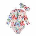 thumbnail image 2 of Odeerbi Toddler Girls Long Sleeve Rash Guard UV Protection One Piece Swimsuits Quick Dry Zipper Surfing Bathing Suit Baby Children's Printed Swimwear with Headband Blue, 2 of 9