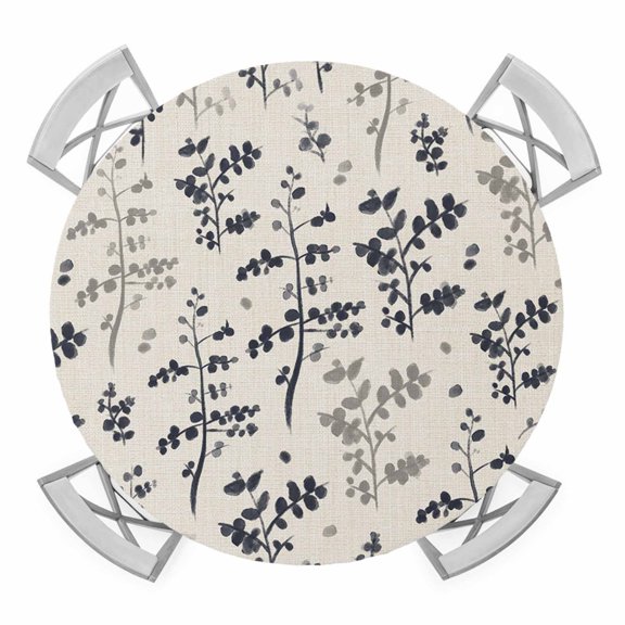 Elastic Fitted Round Tablecloth, Grey Black Botanical Waterproof Stretch Table Cover for 55"-60" Tables, Rustic Country Spring Floral Summer Leaf Washable Outdoor Tablecloths for Patio, Picnic