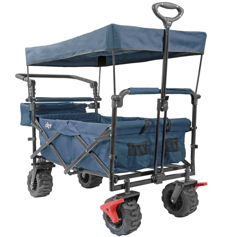 Extra Large Foldable Outdoor Wagon Cart with All Terrain Wheels and Canopy, Blue 265 Lb Capacity