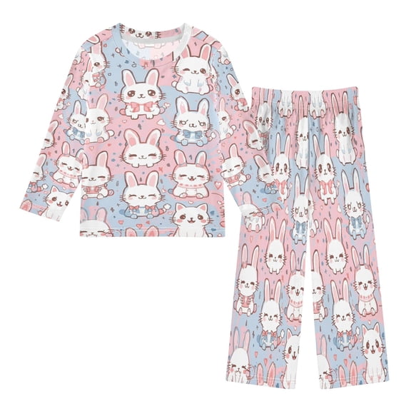 DIXRUYEE Fleece Pajama Set Loose Style Elastic Waist Pockets Bunny Bunch Pastel Parade Cute Pattern