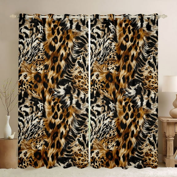 Manfei Cheetah Leopard Print Black Out Curtains for Female Girls,Animal Print Patchwork Curtains Pack of 2 (42x63 Each),Black Brown Bedroom Curtains,Super Cozy Room Decor