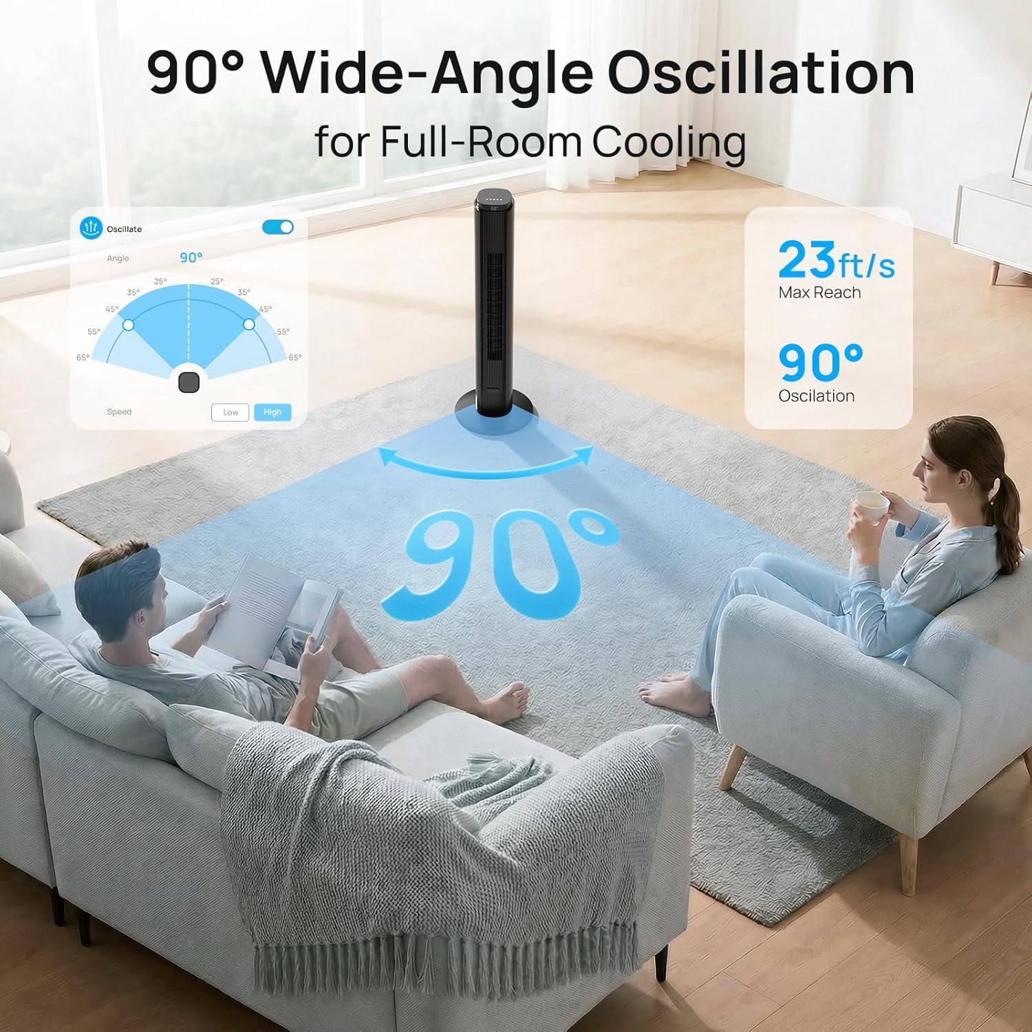 Moifoi 37 inch Tower Fan for Home, 80°Oscillating Bladeless Standing Floor Fan for Large Room, 6Speeds 4 Modes ,12H Timer with Remote,Black