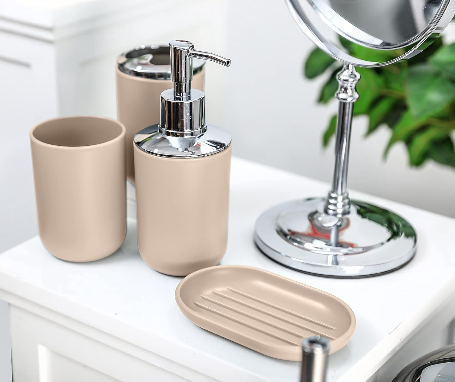 Moss & Stone 6 pcs Bathroom Accessories Set, Bathroom Decor Sets Includes Soap Dispenser, Toothbrush Holder, Toothbrush Cup, Soap Dish, A Bathroom Accessories Sets Complete (Beige)