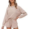 thumbnail image 1 of Ensemble Décontracté pour Femmes, Col Rond Manches Longues + Shorts à Cordon, 1 of 7