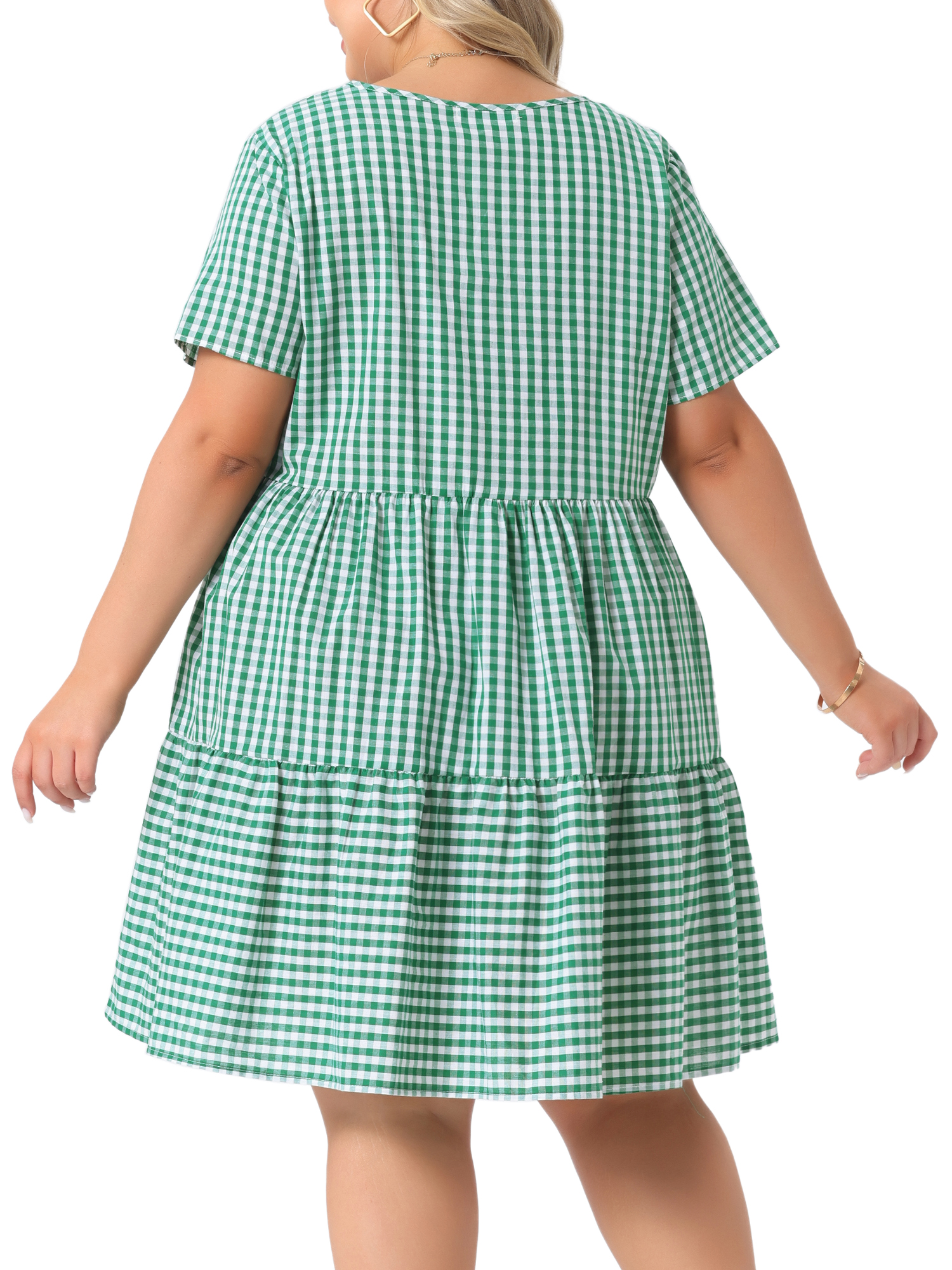 DARING DIVA Women's Plus Size Plaid Round Neck Short Sleeve Midi Dress 3X Green