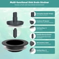 thumbnail image 5 of CADOVE 3 In 1 Kitchen Sink Drain Strainer and Stopper Combo, Stainless Steel Metal Pop Up Sink Stopper, Anti-Clogging Basket Strainer with Foldable Handle for US Standard 3-1/2" Drain, Matte Black, 5 of 8