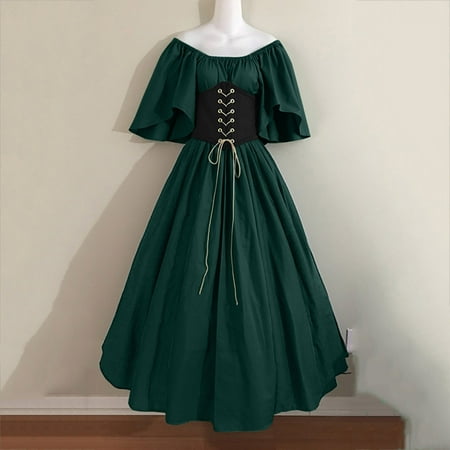Kiplyki Gothic Dress for Women Round Neck Flare Sleeve Off Shoulder Medieval Vintage es With Corset Patchwork Gown