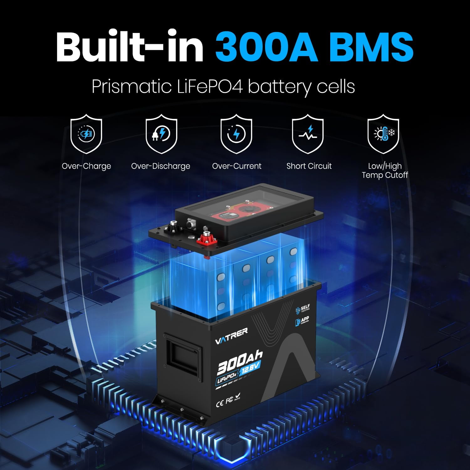 VATRER POWER 12V 300Ah RV LiFePO4 Battery with Self-heating, Active Balancing, APP Monitoring, 5000+ Cycles Lithium Battery, Perfect for RV, Motorhome