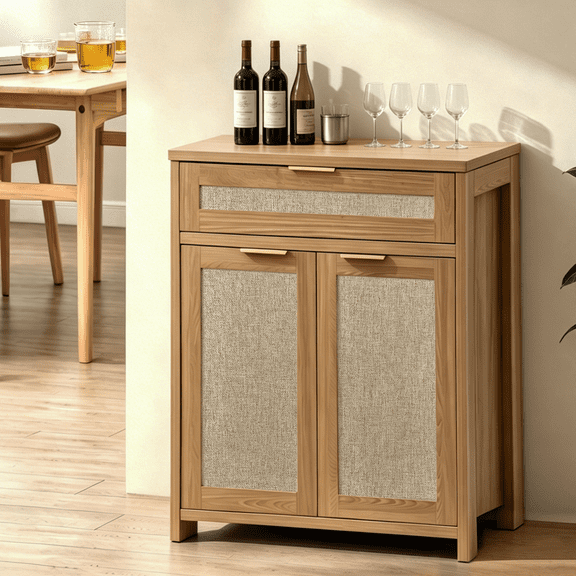 Rattan Sideboard Buffet Cabinet, Farmhouse Storage Cabinet with Adjustable Shelf, Boho Kitchen Buffet Cabinet with Drawer for Dining, Kitchen, Entryway, Living Room, Wood