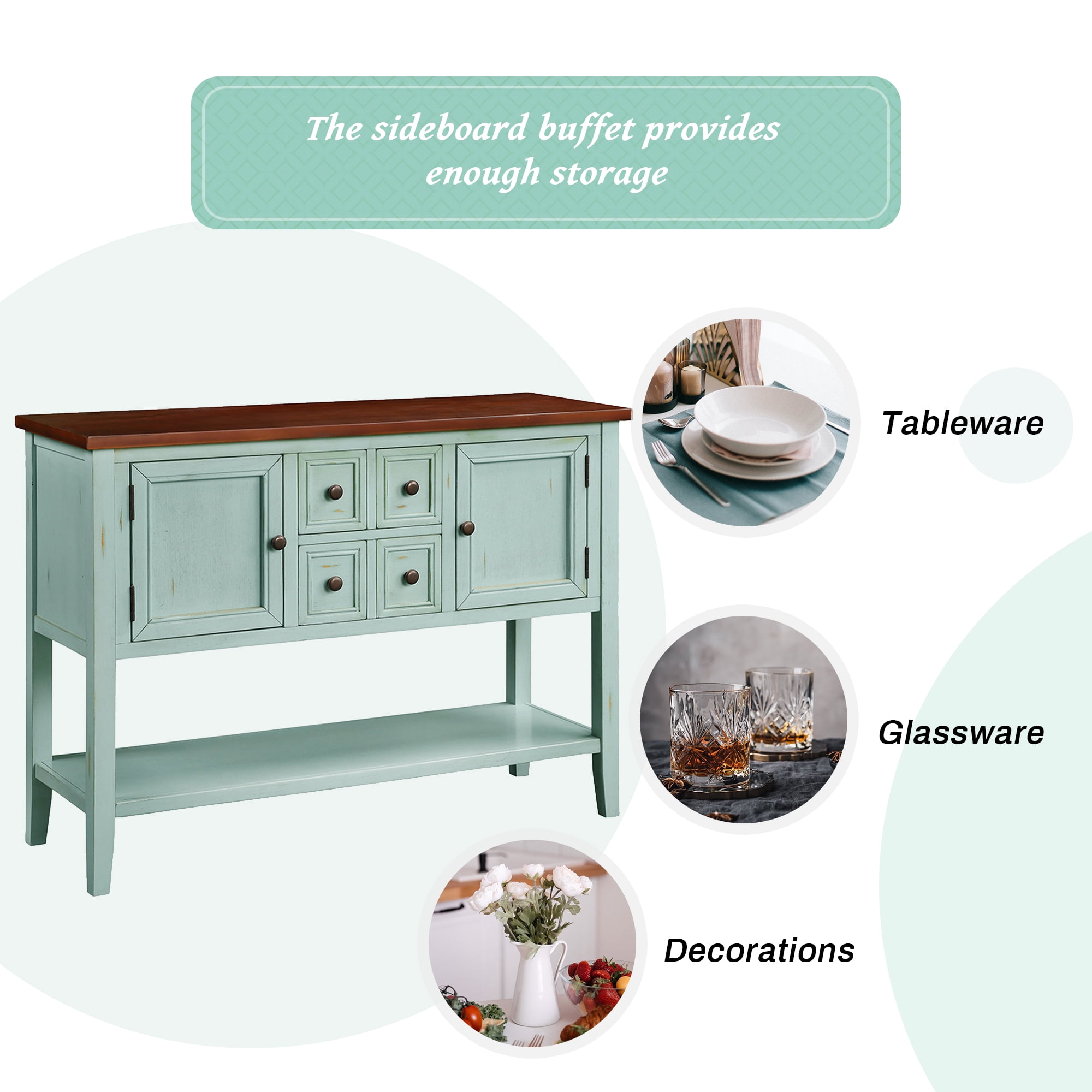 46" Console Table with Drawer for Entryway, Buffet Cabinet Sideboard with 2 Cabinets and Bottom Shelf, Wood Console Table Storage Cabinet for Dining Room Home Furniture, Retro Blue