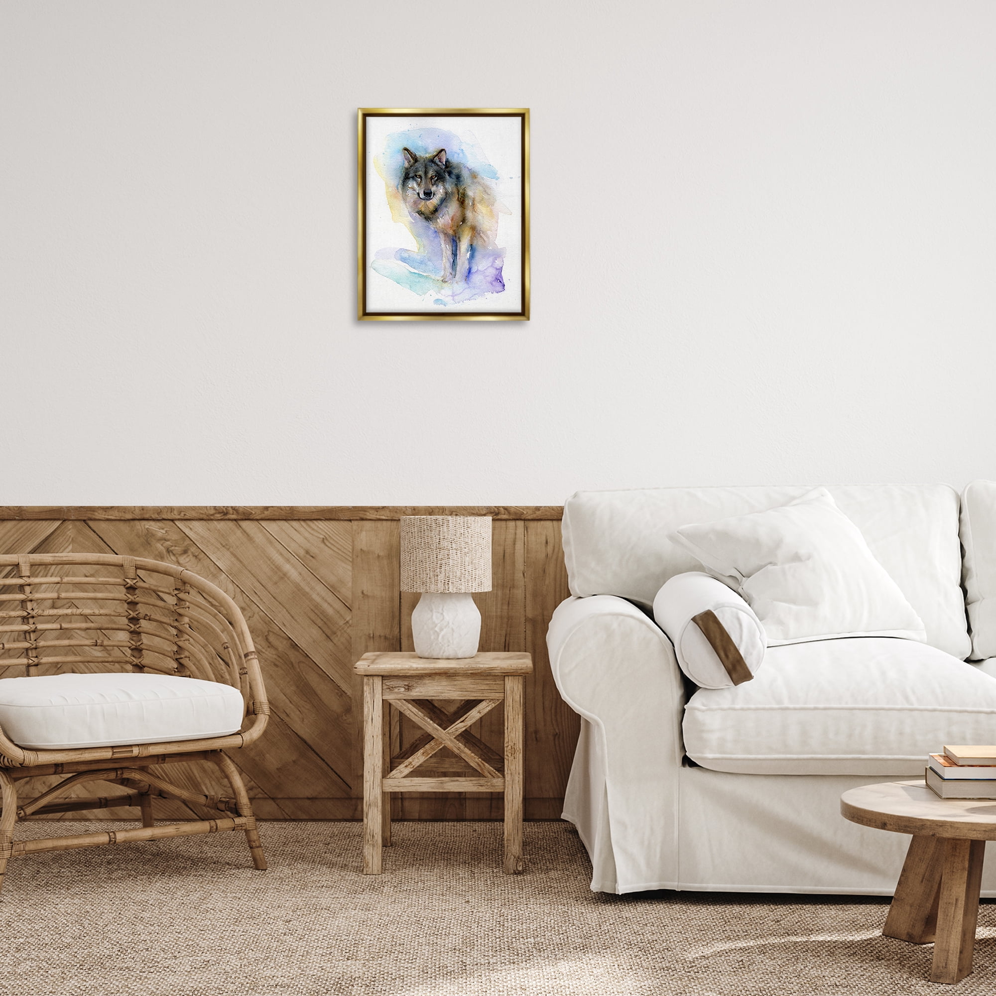 Stupell Industries Watercolor Wolf in Snow Animals & Insects Painting Gold Floater Framed Canvas Art Print Wall Art, 17 x 21