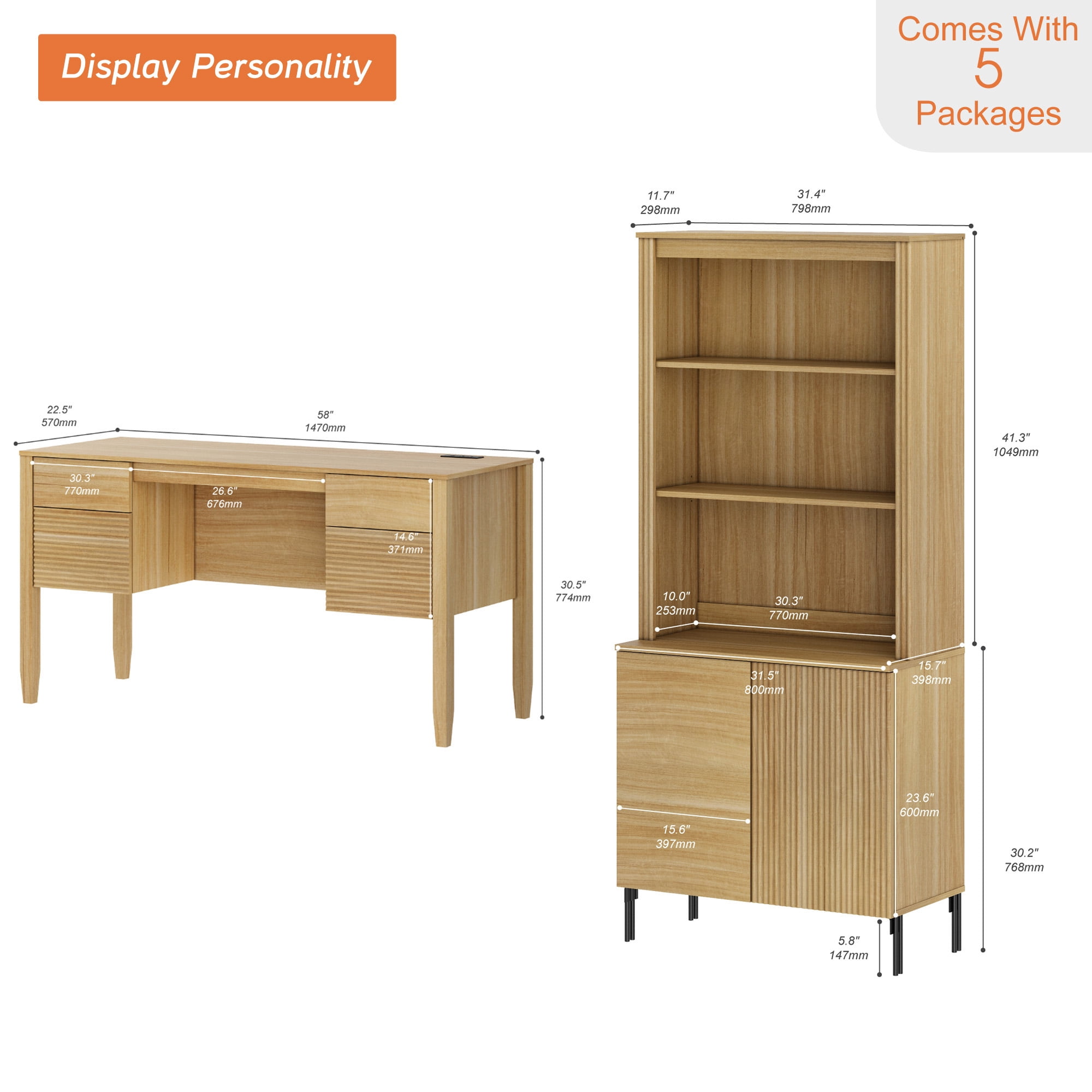 WAMPAT 3 Piece Living Room Furniture Set, 58 Inch Console Table with 2 71.5 Inch Tall Bookcases, Double Door Storage Cabinets, Adjustable Shelves, Modern Fluted Bookcase Set for Living Room