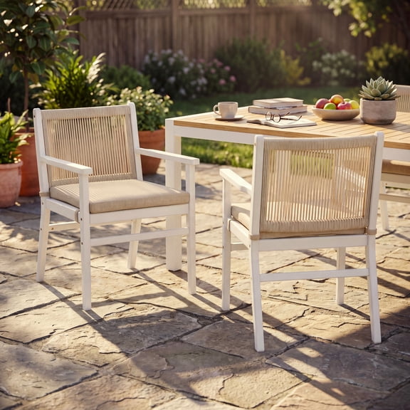Outdoor Dining Chairs Set of 2, Acacia Wood, White, Modern, for Balcony