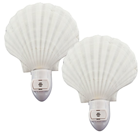 2-Pack: Seashell Night Light Real White Scallop Shell Beach Decor w. Light Sensor Beautiful Coastal Cottage