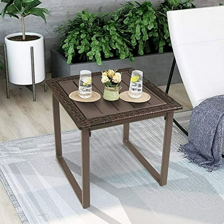 Outdoor Wicker Rattan Side End Tables for Patio All Weather Small Square Patio Rattan Coffee Table Outside Table for Porch Balcony Lawn Garden Bistro Brown