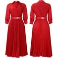 thumbnail image 3 of Women's V-Neck Waisted Pleated Seven-Part Sleeve Solid Color Belted Dress, 3 of 12