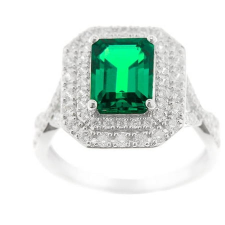 Nanogems Simulated Emerald & Cubic Zirconia Sterling Silver Ring, Size 7 Only