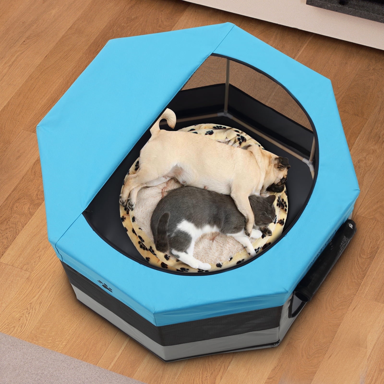 Medium Wood Frame Dog Playpen for Medium Dogs,Cat Playpen with Waterproof Bottom,Travel Pet Play Pen with Side Door for Puppies (36" x 36" x 23", Blue)