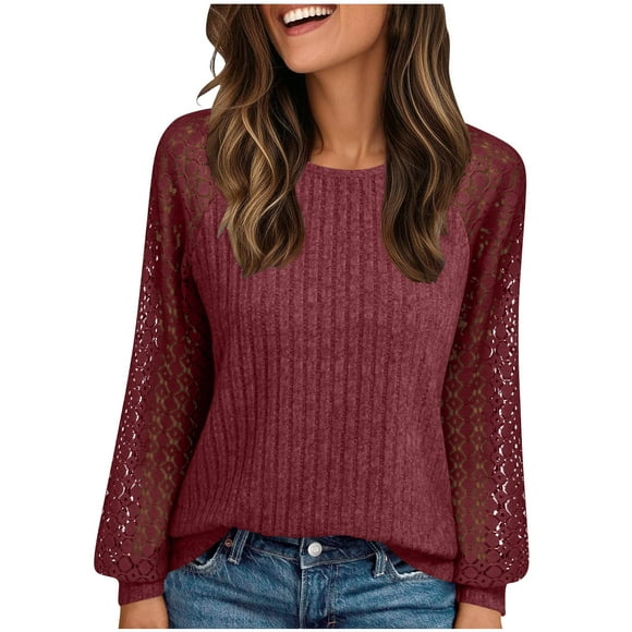 Burgundy Wine Juniors Crewneck T Shirts Tee Tops for Women Lace Long Sleeve Crochet Striped Basic Patchwork Summer Fall Shirts 2025 Clothing Regular Fit L