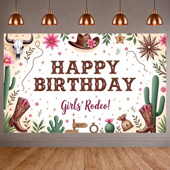 Western Style Banner Pink Flowers Girls' Rodeo Banner Cowboy Boots Cactus Decor Western Background for Girls' Birthday Party Western Theme Party Rodeo Gathering