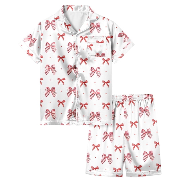 Pyjamas en Soie pour Filles Imprimé Manches Courtes Ensemble de Pyjamas Boutonnés Mode pour Filles Garçons Filles Mode