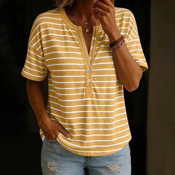 Women's V-Neck T-shirts Zaewscy Women's Striped V-Neck Button Loose Casual Summer Short-Sleeve T-Shirt
