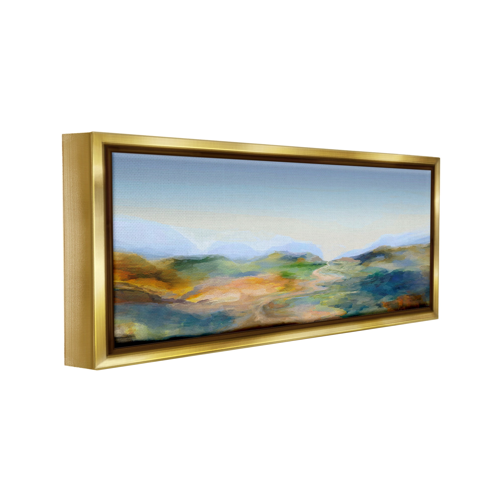 Stupell Industries Mountains with Winding Path Landscape Painting Gold Floater Framed Canvas Art Print Wall Art, 31 x 14