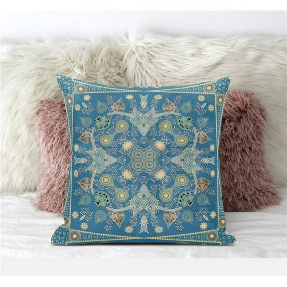 Amrita Sen Designs  16 x 16 in. Paisley Leaf Geo Suede Zippered Pillow with Insert - Aqua & Gold