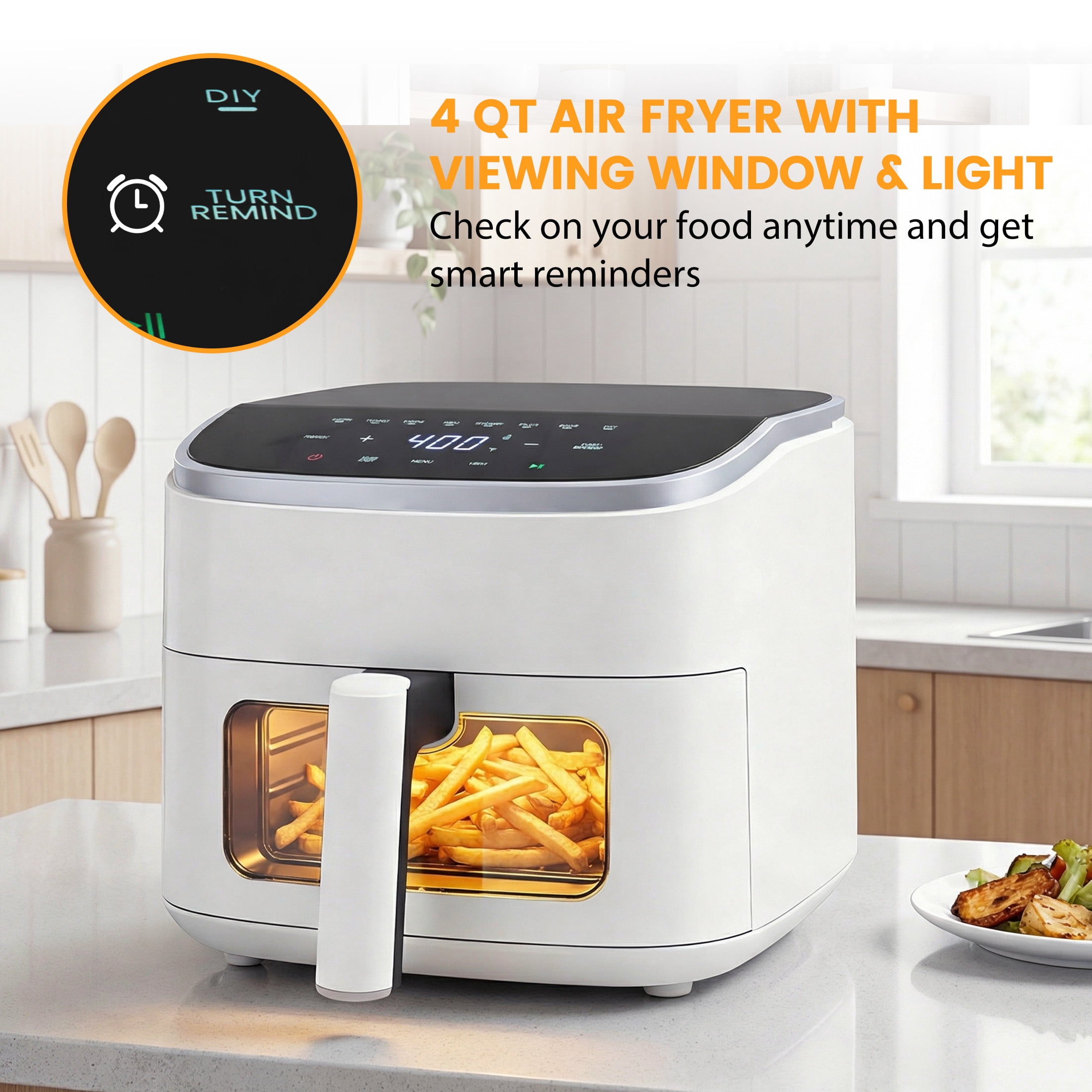 EDX 4QT Air Fryer, 1500W Digital Touchscreen with 8 Presets, Visible Window, Flip Reminder, Nonstick Dishwasher-Safe Basket, White