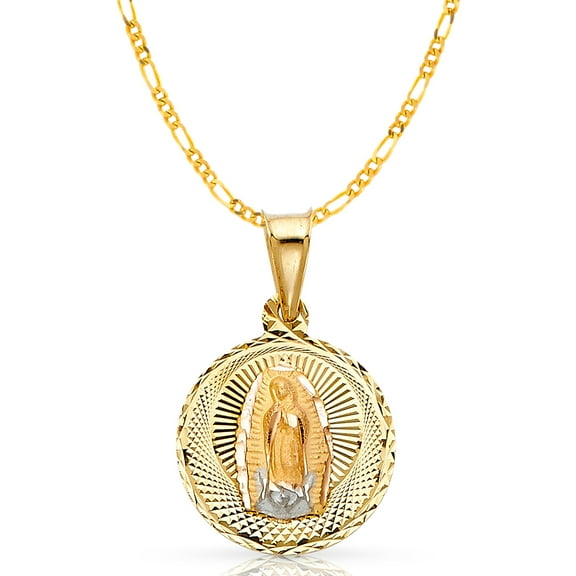 14K Tri Color Gold Diamond Cut Our Lady of Guadalupe Stamp Charm Pendant with 2mm Figaro 3 1 Chain Necklace - 20"
