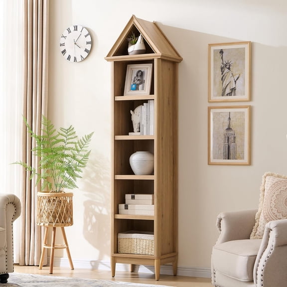Themis 75.9" Tall Farmhouse Bookcase, Angle Arched 5 Tiers Narrow Bookshelf Cabinet with Adjustable Shelves, Modern Wooden Geometric Book Shelf w/Display Storage for Living Room, Office-Natural